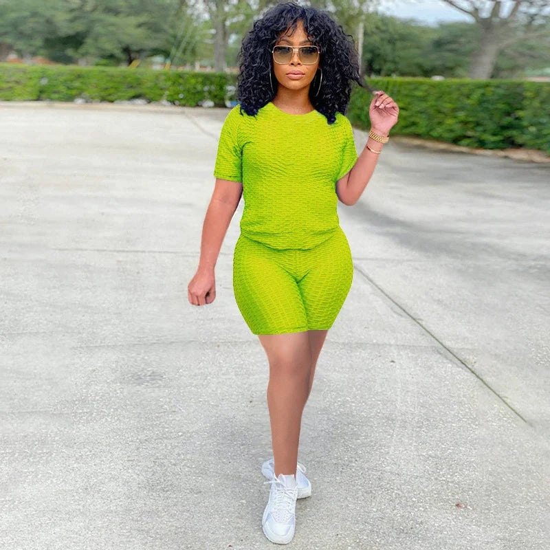 2024 New Summer Round-neck Solid Color Short-sleeved Two-piece Yoga Shorts Women's Sports Suit