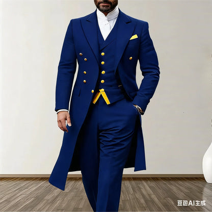 Blue Men Wedding Suits 3 Piece Long Blazer Vest Pants Satin One Button Tuxedo Formal Work Wear Prom suits XS-5XL