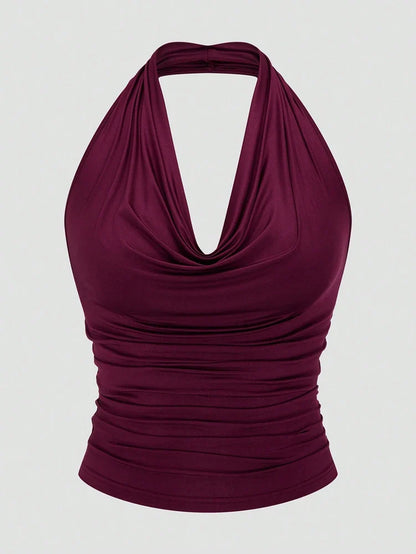 Plus Size Ms. Burgundy Sexy Romantic Urban Woman Sleeveless Neck Swing Neck Top + Split Half Skirt Long Skirt Two Piece Set