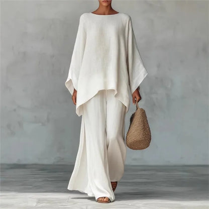 Women's Elegant Loose Round Neck Top Wide Leg Pants Set Casual Simple Long Sleeve Solid Color Two-Piece Set