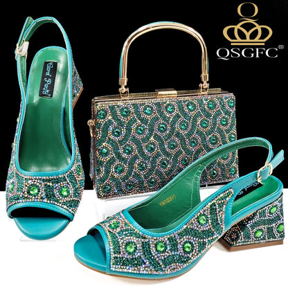 QSGFC 2024 Rhinestone Design INS Hot Sale New Arrivals African Shoes and Bag Set in Green Color Open Toe Comfortable Women Heels