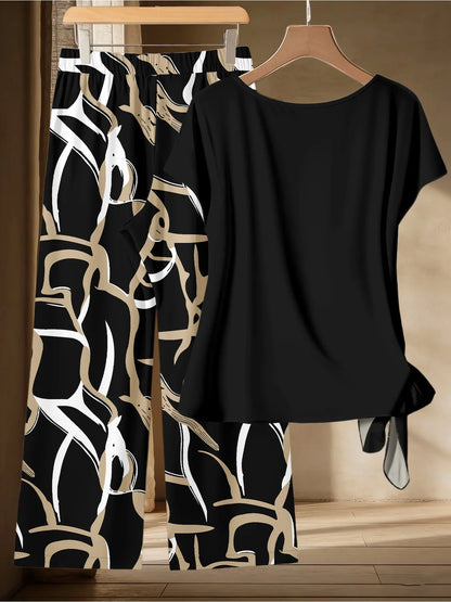 Casual and Elegant Women's Plus Size Premium Black Gold Abstract Print Set Summer Lazy Style Twisted Top Wide Leg Pants