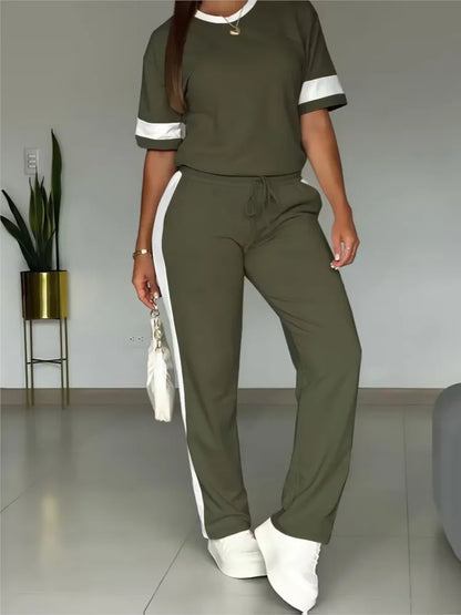 Spring Summer New Casual Sports T-shirt Short-sleeved Suit Women Fashion Splicing Side Stripes Simple Trousers 2 Piece Set 2026