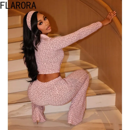 FLARORA Fashion Leopard Print 2 Piece Sets Woman Turtleneck Full Sleeve Slim Zip Jackets And Drawstring Flare Pants Street Suits