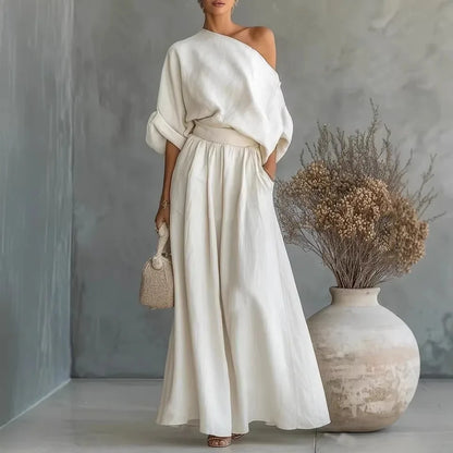 Pant Set Women Elegant Two Piece Sets Skew Collar Half Sleeve Shirt Wide Leg Long Pants Tight Waist Y2k Streetwear Work 2026