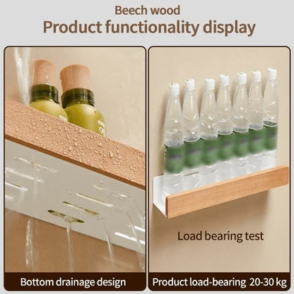 Wood Kitchen Organizer Mounted Spice Rack Kitchen Storage with Hooks for Condiments Kitchen Accessories
