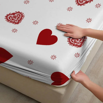 1pc Red Hearts Print Fitted Sheet Deep Pocket Elastic Mattress Cover