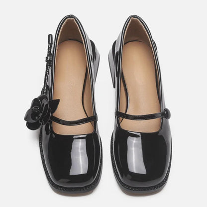 Lacquer Leather Mary Jane Shoes Women Flower Designer Women Shoes Shallow Fashion Square Toe Elegant Chunky Retro Pumps Female