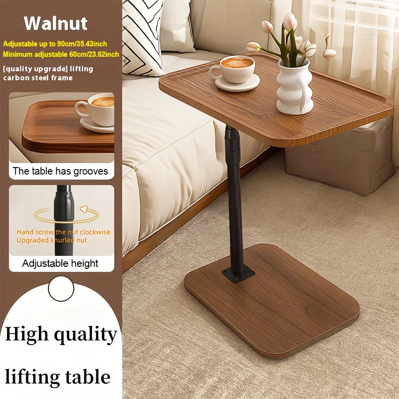 Adjustable Height Side Table, Wood Grain Sofa Couch End Table with Anti-Slip Groove Lip, Freestanding Height Adjustable Laptop Snack Table, Carbon Steel Frame Side Desk for Bedroom Living Room Small Space
