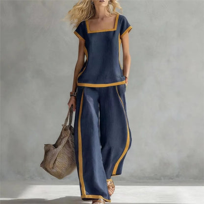 Fashion Square-neck Short-sleeved Wide-leg Trousers Women 2piece Summer New Casual Retro Pocket Trousers Female Office Suit 2026