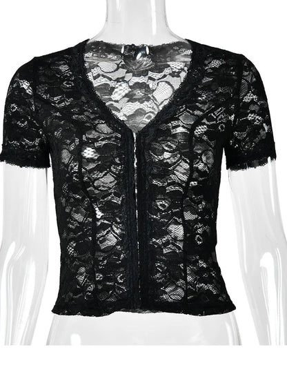 JULISSA MO Sexy Deep V-neck Sheer Lace Women T-shirt Black Short Sleeve Floral T-shirt Summer Skinny Casual Vacation Streetwear