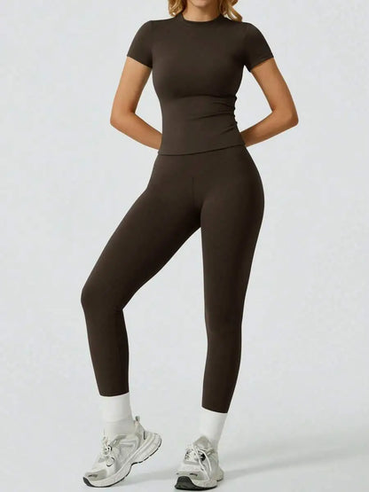 2 Piece Yoga Set Women Short Sleeve Top High Waist Leggings Gym Workout Clothing Tummy Control Fitness Sportswear Activewear Sui