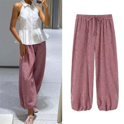 Women's Long Pants 2026 Summer New Style Red Plaid Drawstring Lantern Pants Long Pants Beach Vacation Casual Fashion