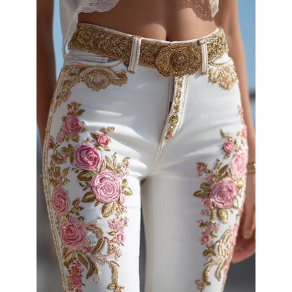 Women's Fashion Floral Jeans Straight Leg Denim Pants European American Style