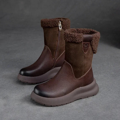 Koznoy 5cm Natural Genuine Leather Chunky Cow Spring Rubber Ankle Boots Soft Soled Winter Plush Flats Booties Autumn Women Shoes
