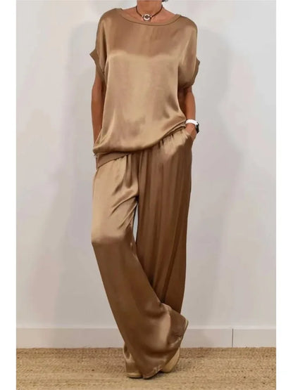2-piece Set Fashion Satin O Neck T-shirt Top Trousers Summer Retro Elegant Casual Loose Wide-leg Pants Female Home Clothing Suit
