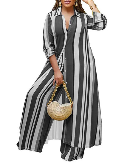 Elegant 2-piece Sets for Women Fall Winter Outfits Pants Suit with Long Shirt Blouse Full Sleeve Striped Plus Size Matching Sets