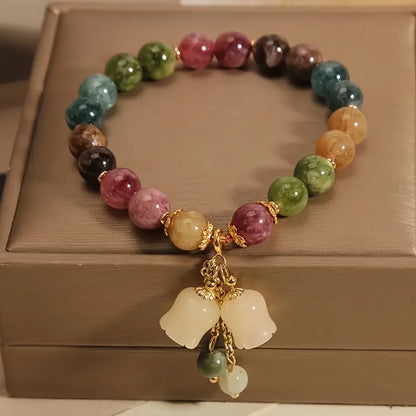 Vintage Antique Style Beaded Bracelet, Chinese Multi Gemstone Wristband with Carved Lily of The Valley Pendant, Retro Heirloom Aesthetic Jewelry Gift for Classic Fashion Lovers