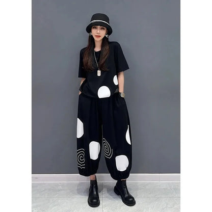 Polka Dot Striped Print 2 Two Piece Set Women Summer Casual Fashion Short Sleeve Ladies T-Shirts Loose Wide Leg Woman Pants
