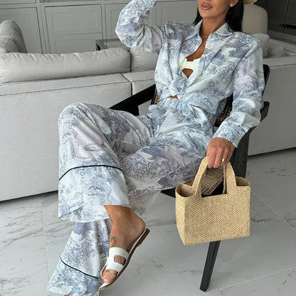 Women Causal Long Sleeve Loose 2Pc Sets Vintage Pattern Printed Office Outfits 2024 Fashion Lapel Collar Shirt & Long Pant Suit