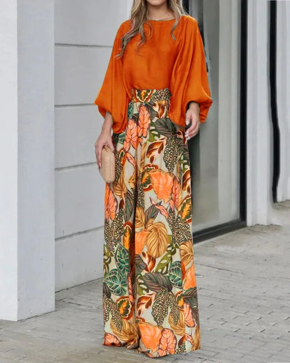 New Women's Clothing Set Lantern Sleeves Loose Top Printed Wide Leg Pants Two Piece Set Casual Ladies Trouser Outfit 2025 Summer