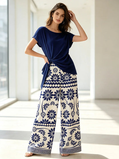 Summer Women's plus Size Casual Loose Two-Piece Set Solid Color Twisted T-Shirt with Blue White Printed Wide Leg Pants