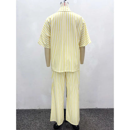 New African Fashion Women Two Piece Set Yellow Striped Printed Loose Shirt Top and Wide Leg Pants Set Outfits