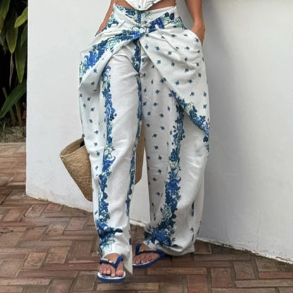 Urban Print Top Pants Women Set Sling Backless Slash Neck Blouse Wide Leg Trousers 2026 Spring Summer Holidays Lady Outfit