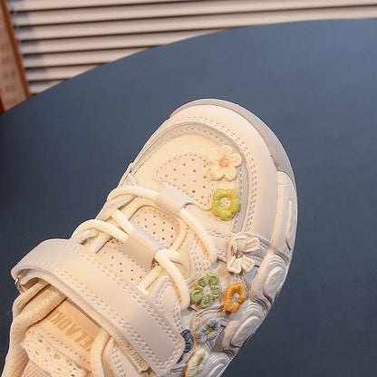 Fashion Leather Sneakers for Girls Children Casual Sports Shoes Floral Pattern Shoes for Kids Comfortable Walking Shoes