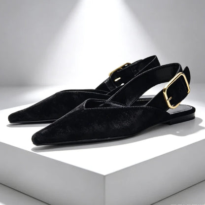 Fashion Metal Buckle Design Flat Sandals Women 2026 New Brown Suede Pointed Toe Slingback Designer Shoes Comfortable Women Shoes