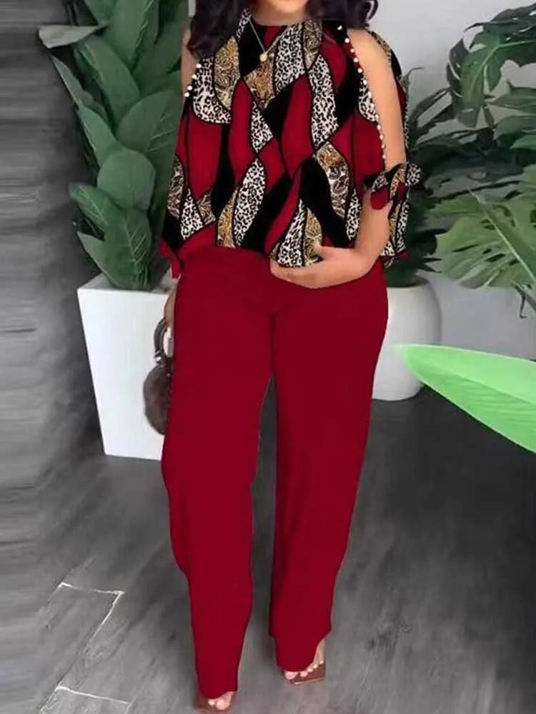 Female Clothing Summer Women Outfit Pearl Off The Shoulder Blouse and Trouser Elegant 2-piece Sets Plus Size Pant Sets