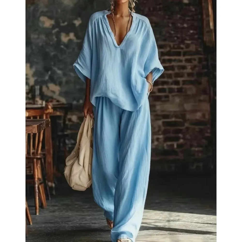 Fashion V-neck Short-sleeved Loose Top Women's Suit Summer New Casual Retro Female Vacation Lazy Trousers 2-piece Set 2026