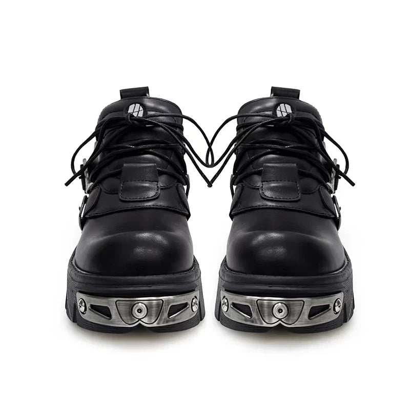 Platform Metal Punk Flats Cross Tied Buckle Single Shoes Zip Round Toe Gothic Runway Casual Women Shoes Goth Black Chunky
