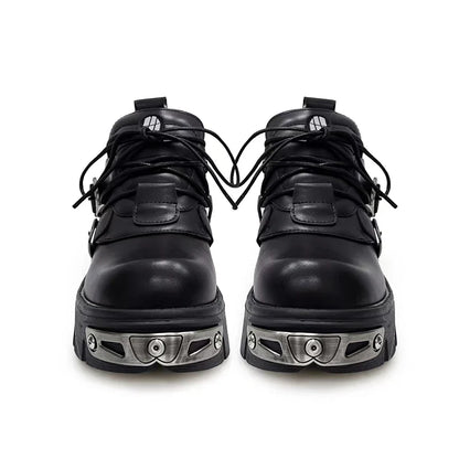 Platform Metal Punk Flats Cross Tied Buckle Single Shoes Zip Round Toe Gothic Runway Casual Women Shoes Goth Black Chunky