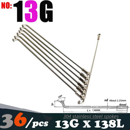 36Pcs 13G(2.25mm)122-240MM 304 Stainless Steel Bicycle Spokes & Nut Electric E-Bike Cycle