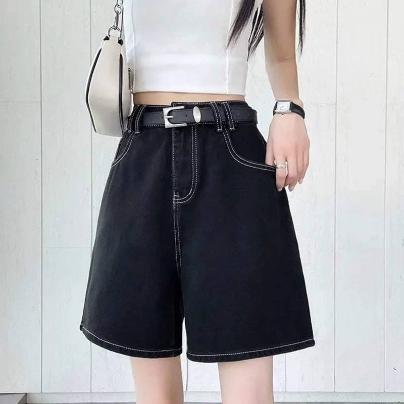Summer Lady High Waist Casual Short Jeans Girls Classic Fashion Thin Straight Leg Pants Women Korean Solid Denim Shorts