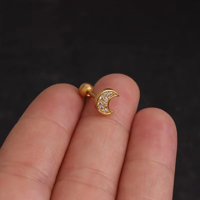1PC Korean Stainless Steel Mini Zircon Cartilage Ear Stud Earrings For Women Moon Cross Flowers Helix Tragus Piercing Jewelry