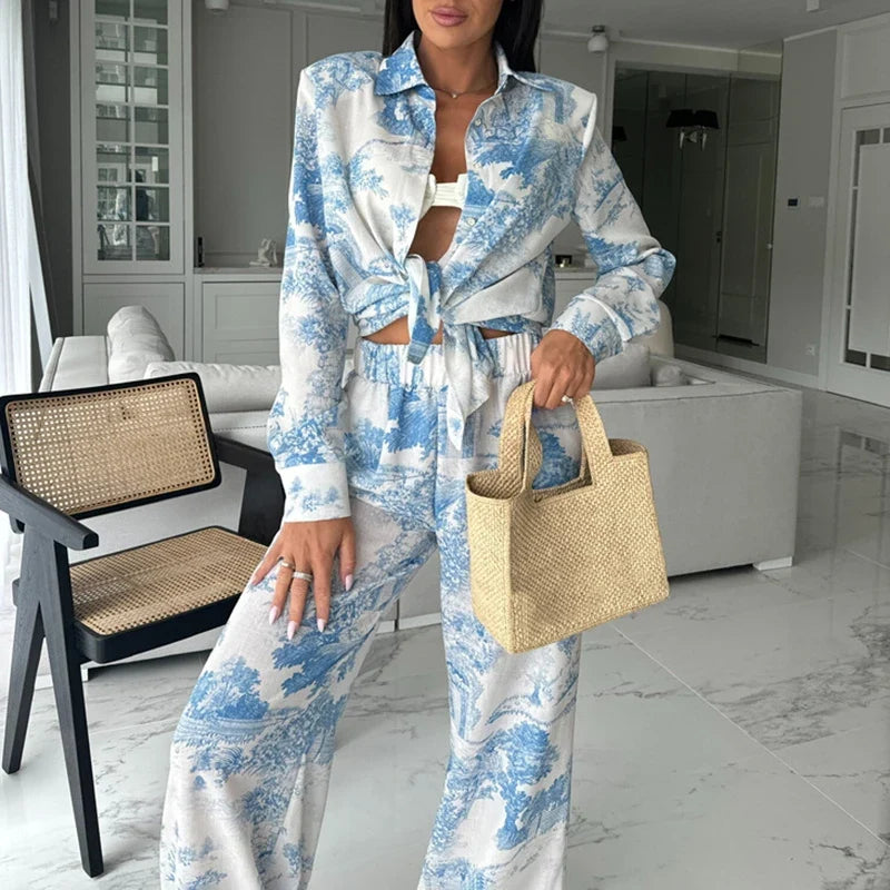 Women Causal Long Sleeve Loose 2Pc Sets Vintage Pattern Printed Office Outfits 2024 Fashion Lapel Collar Shirt & Long Pant Suit