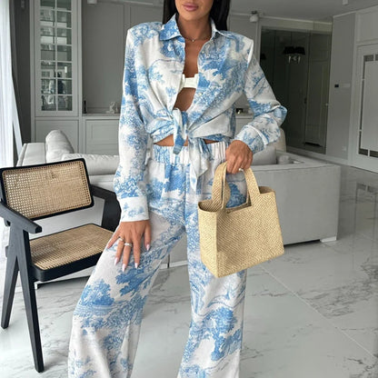 Women Causal Long Sleeve Loose 2Pc Sets Vintage Pattern Printed Office Outfits 2024 Fashion Lapel Collar Shirt & Long Pant Suit