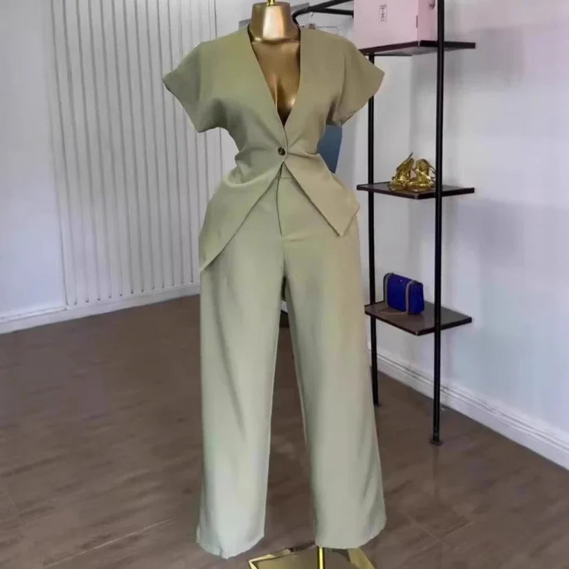 Women Pant Set Two Piece Sets V Neck Short Sleeve Tops Wide Leg Long Pants High Waist Y2k Streetwear Elegant Summer 2026