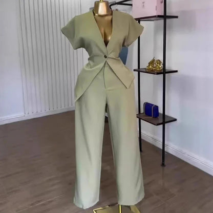 Women Pant Set Two Piece Sets V Neck Short Sleeve Tops Wide Leg Long Pants High Waist Y2k Streetwear Elegant Summer 2026