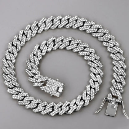 14mm Iced Out  Prong Cuban Link Chain Necklace for Men Women 2 Row Rhinestone Paved Miami Rhombus Hip Hop Jewelry Wholesale