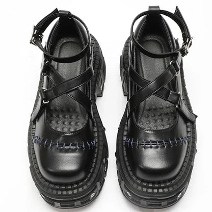 Gothic Mary Janes For Women Crossed-tied Ankle Strap Platform Shoes Round Toe Thick Bottom Female Shoes Punk Women Shoes 2026