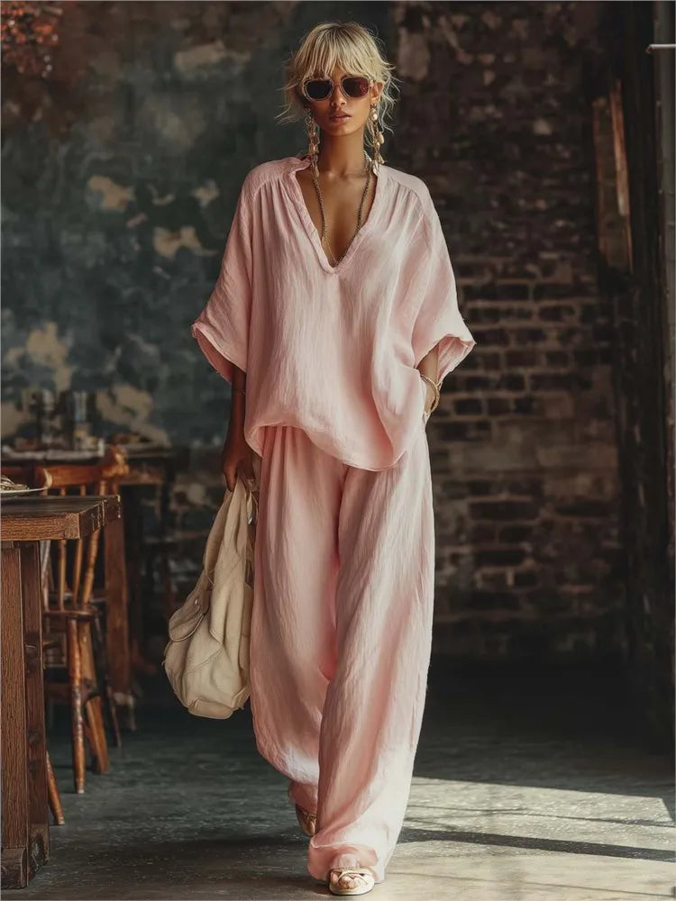 Fashion V-neck Short-sleeved Loose Top Women's Suit Summer New Casual Retro Female Vacation Lazy Trousers 2-piece Set 2026