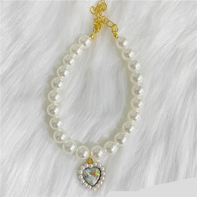 New Pet Collar Pearl Love Necklace Cat Jewelry Cute Collar Puppy Accessories Dog Chain Chihuahua Wedding Jewelry Stuff
