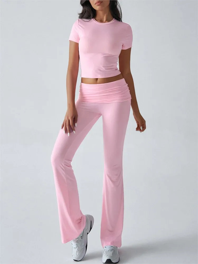 Women Casual Bodycon Two Pieces Set Short Sleeve Crop Top Slim High Waist Running Tracksuit Suit Summer Pants Outfit 2PCS