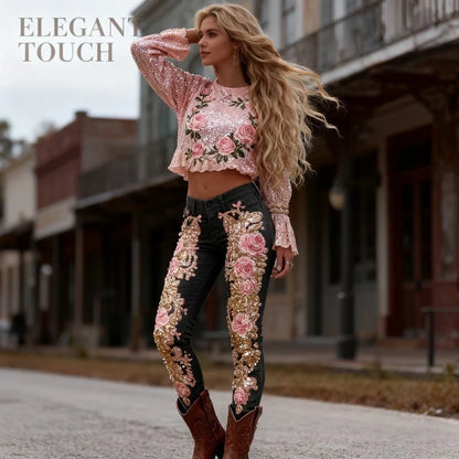 3D Floral Women's Straight Leg Jeans Fashionable and Casual Stretch Denim Pants Comfortable Daily Wear Street Style
