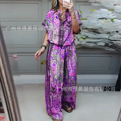 Retro Bohemian Print Set 2025 Summer Women's Two-piece Suit Short-sleeved Shirt Top + Wide-leg Pants for Summer Vacation Female