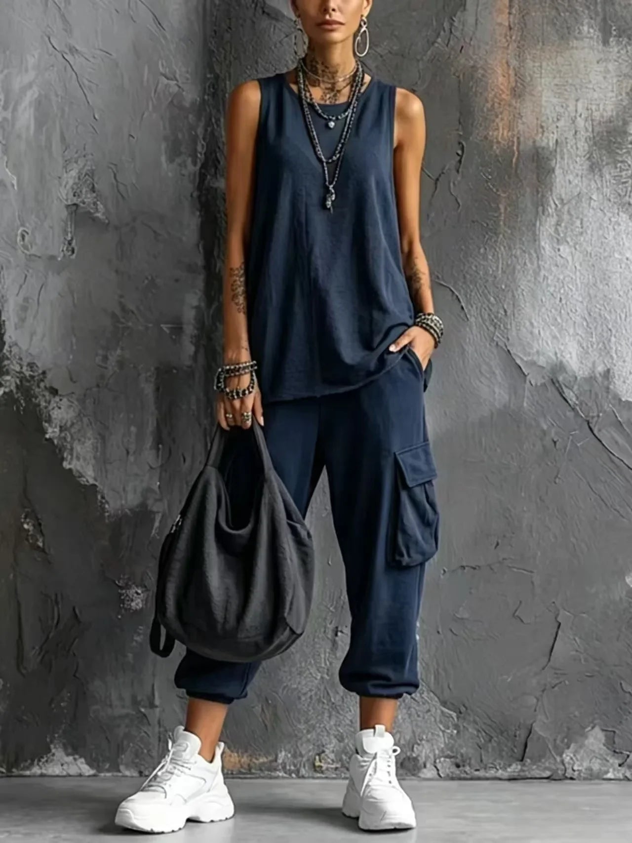 Solid Color Sports Two-piece Set Summer Fashion Sleeveless Top+wide Leg Pants Suit With Pockets Ladies O-neck Streetwear Outfit