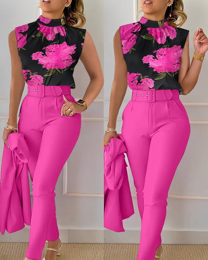 New Fashion Elegant Sleeveless Print High Waist With Belt Shirt And Pant Casual Fashion Two Piece Set